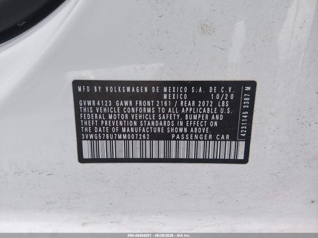 Продажа на аукционе авто 2021 Volkswagen Jetta 1.4t Sel Premium, vin: 3VWG57BU7MM007262, номер лота: 45494001