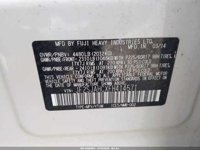 Aukcja sprzedaży 2015 Subaru Forester 2.5i Limited, vin: JF2SJAHCXFH414571, numer aukcji: 45494002