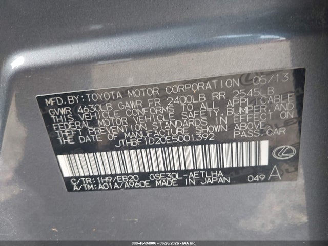Продаж на аукціоні авто 2014 Lexus Is 250, vin: JTHBF1D20E5001392, номер лоту: 45494006