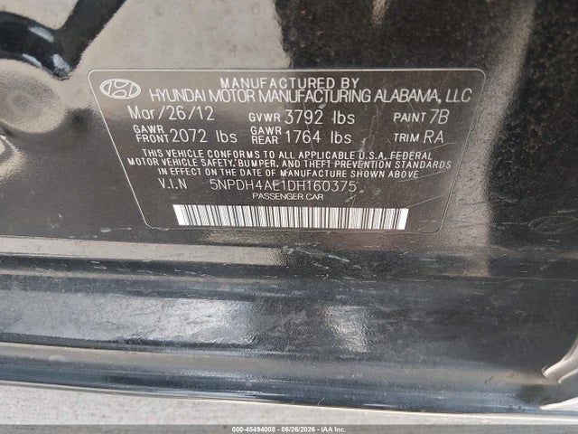 Aukcja sprzedaży 2013 Hyundai Elantra Gls, vin: 5NPDH4AE1DH160375, numer aukcji: 45494008