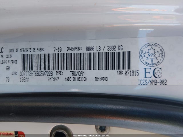 2011 Ram Ram 2500 Slt მანქანა იყიდება აუქციონზე, vin: 3D7TT2HT6BG507228, აუქციონის ნომერი: 45494032