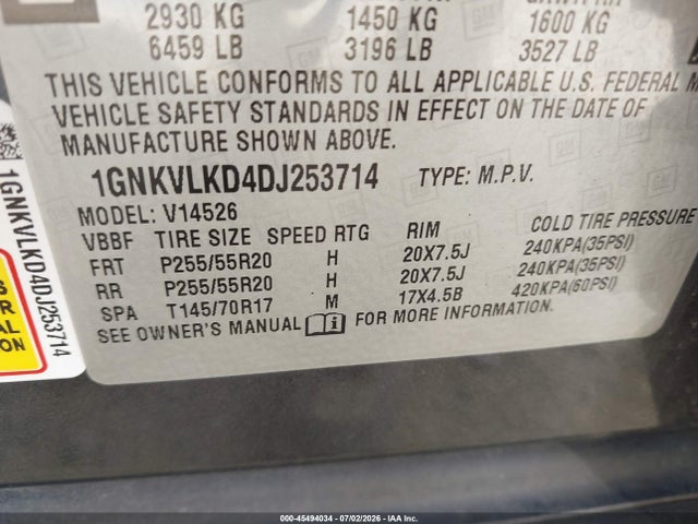 Aukcja sprzedaży 2013 Chevrolet Traverse Ltz, vin: 1GNKVLKD4DJ253714, numer aukcji: 45494034