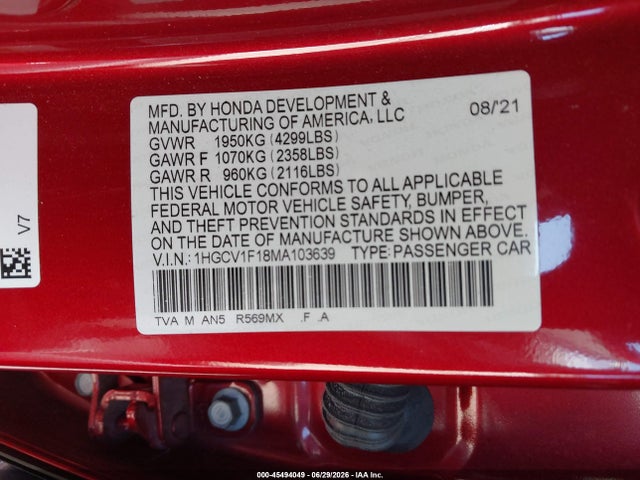 1HGCV1F18MA103639 Honda ACCORD LX