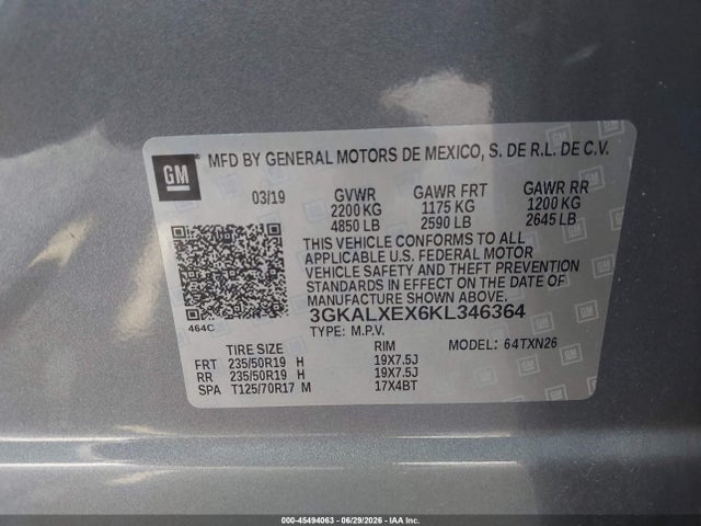 45494063 :رقم المزاد ، 3GKALXEX6KL346364 vin ، 2019 Gmc Terrain Denali مزاد بيع