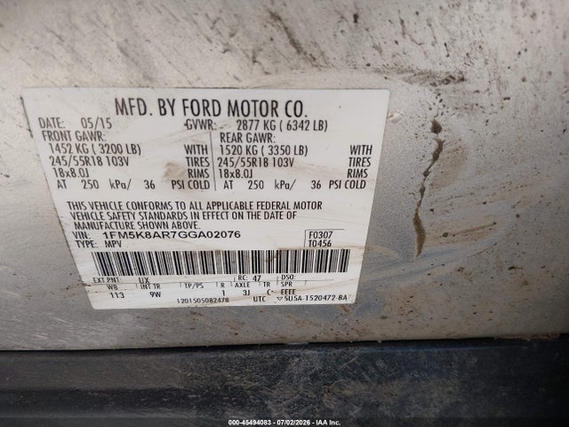 45494083 :رقم المزاد ، 1FM5K8AR7GGA02076 vin ، 2016 Ford Utility Police Interceptor مزاد بيع