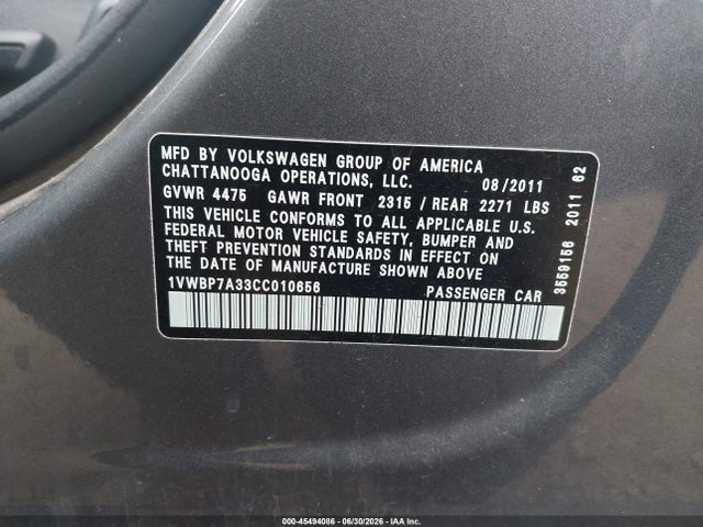 Aukcja sprzedaży 2012 Volkswagen Passat 2.5l Se, vin: 1VWBP7A33CC010656, numer aukcji: 45494086