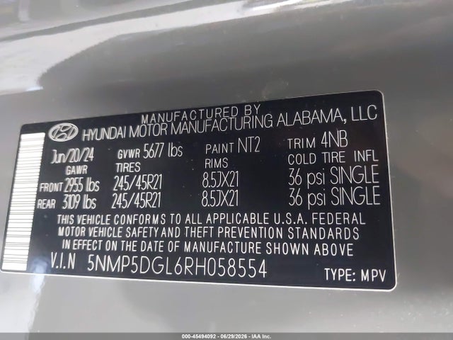 Продаж на аукціоні авто 2024 Hyundai Santa Fe Calligraphy, vin: 5NMP5DGL6RH058554, номер лоту: 45494092