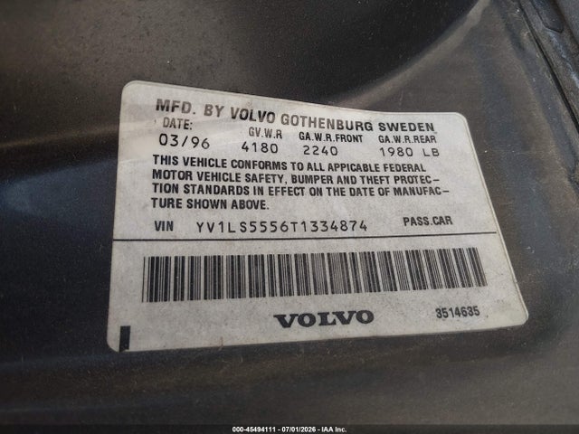 Aukcja sprzedaży 1996 Volvo 850 Glt, vin: YV1LS5556T1334874, numer aukcji: 45494111