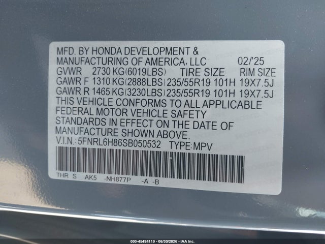 5FNRL6H86SB050532 Honda Odyssey Touring
