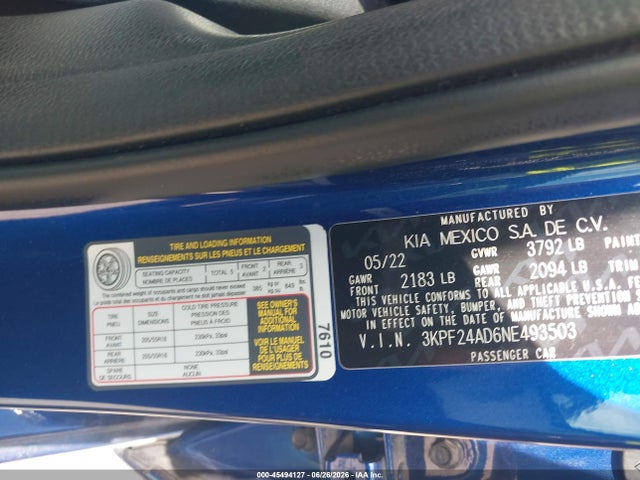 45494127 :رقم المزاد ، 3KPF24AD6NE493503 vin ، 2022 Kia Forte Lxs مزاد بيع