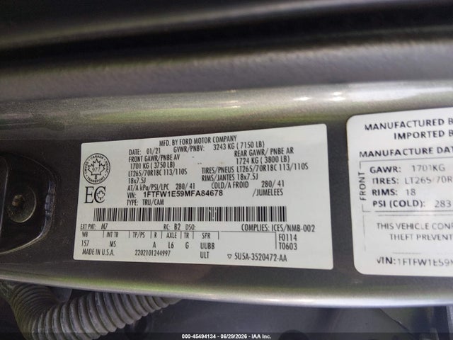 Aukcja sprzedaży 2021 Ford F-150 King Ranch/lariat/platinum/xl/xlt, vin: 1FTFW1E59MFA84678, numer aukcji: 45494134