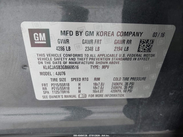 Aukcja sprzedaży 2016 Buick Encore, vin: KL4CJASB3GB669516, numer aukcji: 45494136