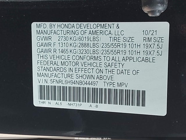 Aukcja sprzedaży 2022 Honda Odyssey Elite, vin: 5FNRL6H94NB044497, numer aukcji: 45494150