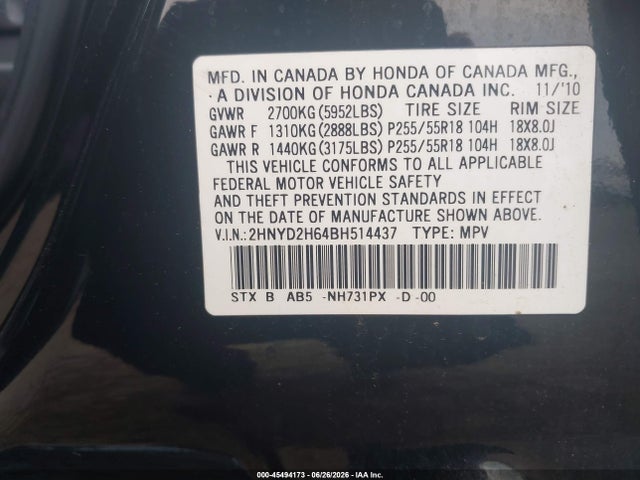 Auction sale of the 2011 Acura Mdx Technology Package, vin: 2HNYD2H64BH514437, lot number: 45494173