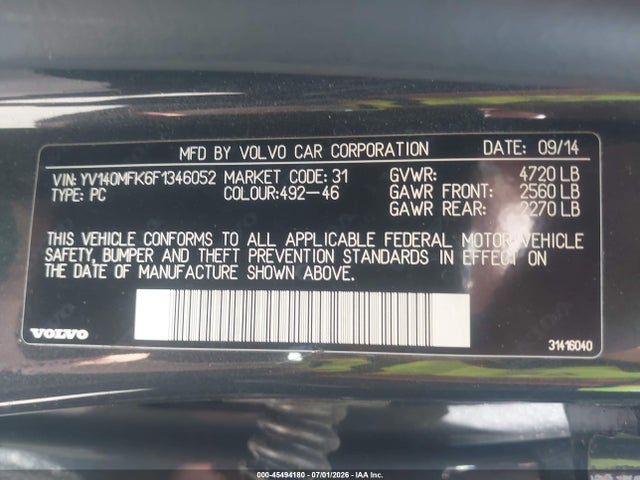 45494180 :رقم المزاد ، YV140MFK6F1346052 vin ، 2015 Volvo S60 T5 Premier مزاد بيع