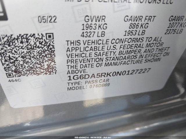 45494214 :رقم المزاد ، 1G6DA5RK0N0127227 vin ، 2022 Cadillac Ct4 Luxury مزاد بيع