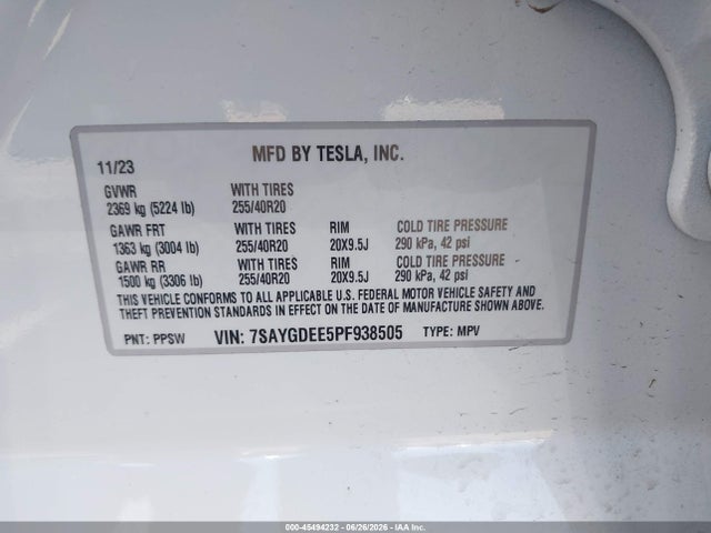 Aukcja sprzedaży 2023 Tesla Model Y Awd/long Range Dual Motor All-wheel Drive, vin: 7SAYGDEE5PF938505, numer aukcji: 45494232