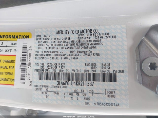 Ford Fusion Hybrid Se 2019 3FA6P0LU4KR211537 Image 9