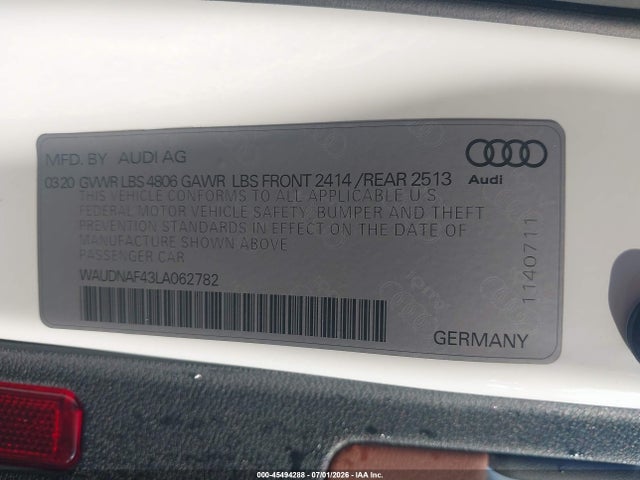 45494288 :رقم المزاد ، WAUDNAF43LA062782 vin ، 2020 Audi A4 Premium 45 Tfsi Quattro S Tronic مزاد بيع