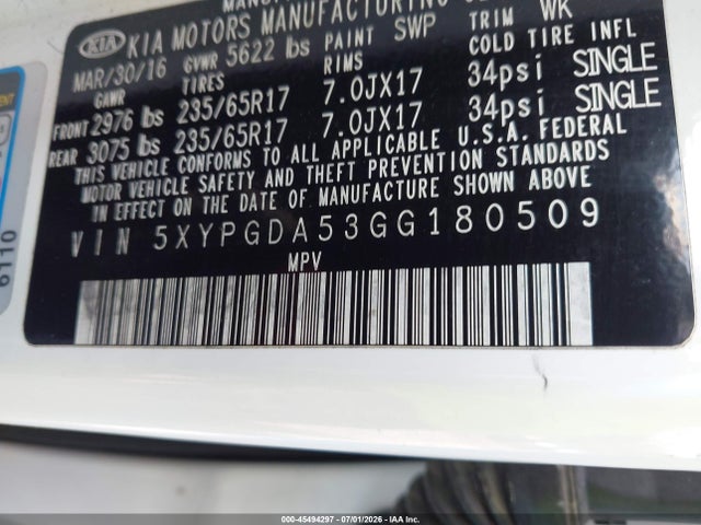 2016 Kia Sorento 3.3l Lx მანქანა იყიდება აუქციონზე, vin: 5XYPGDA53GG180509, აუქციონის ნომერი: 45494297