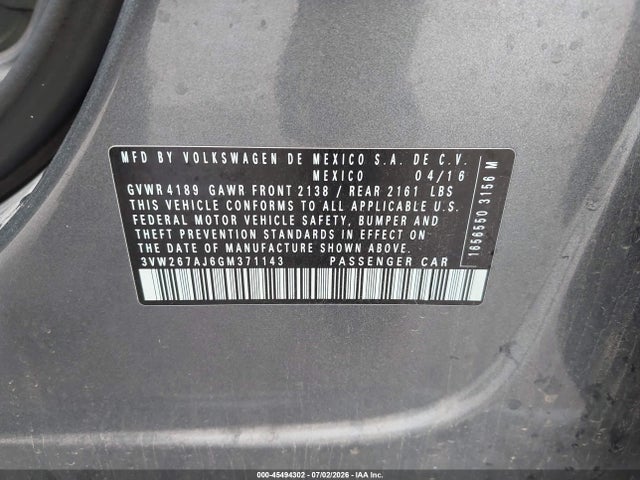 Продаж на аукціоні авто 2016 Volkswagen Jetta 1.4t S, vin: 3VW267AJ6GM371143, номер лоту: 45494302