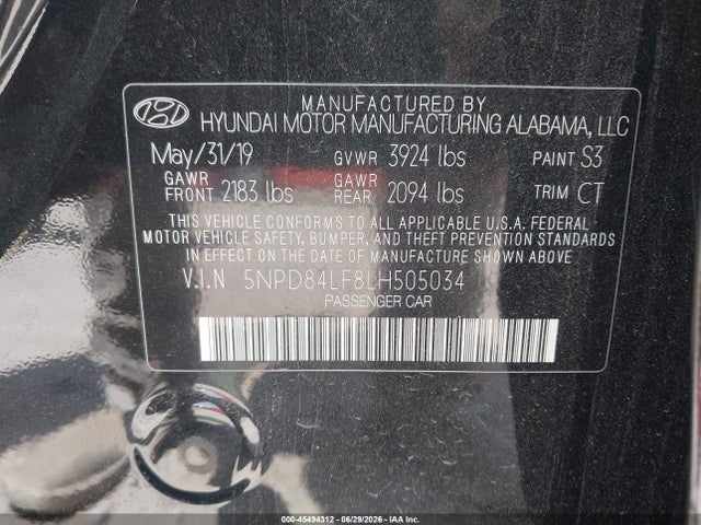 Aukcja sprzedaży 2020 Hyundai Elantra Value Edition, vin: 5NPD84LF8LH505034, numer aukcji: 45494312