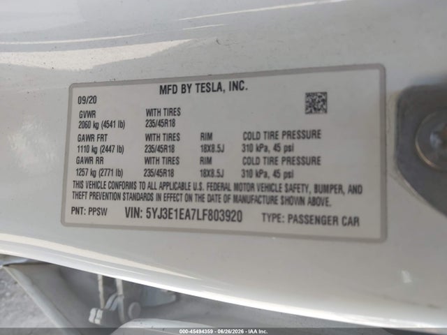 2020 Tesla Model 3 Standard Range Plus Rear-wheel Drive/standard Range Rear-wheel Drive მანქანა იყიდება აუქციონზე, vin: 5YJ3E1EA7LF803920, აუქციონის ნომერი: 45494359