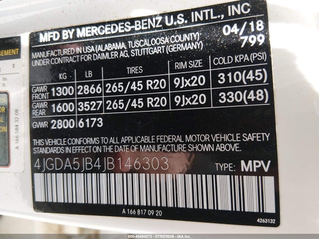 Aukcja sprzedaży 2018 Mercedes-benz Gle 350, vin: 4JGDA5JB4JB146303, numer aukcji: 45494373
