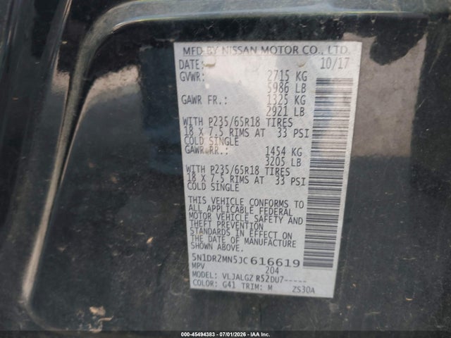 Aukcja sprzedaży 2018 Nissan Pathfinder Sl, vin: 5N1DR2MN5JC616619, numer aukcji: 45494383