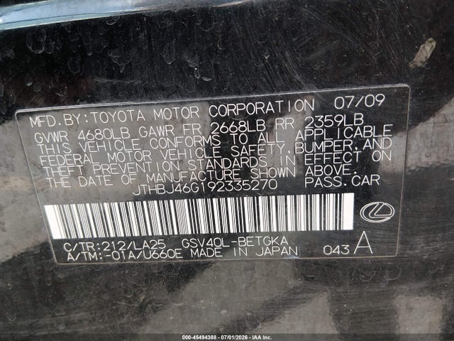Продажа на аукционе авто 2009 Lexus Es 350, vin: JTHBJ46G192335270, номер лота: 45494388