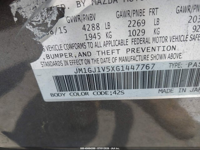 45494399 :رقم المزاد ، JM1GJ1V5XG1447767 vin ، 2016 Mazda Mazda6 I Touring مزاد بيع