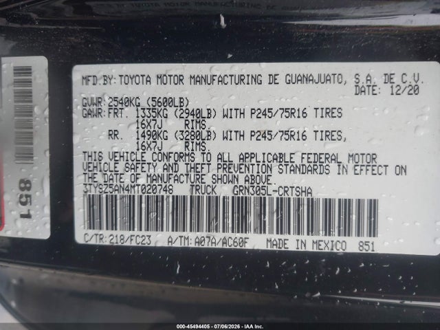 45494405 :رقم المزاد ، 3TYSZ5AN4MT020748 vin ، 2021 Toyota Tacoma Sr5 V6 مزاد بيع
