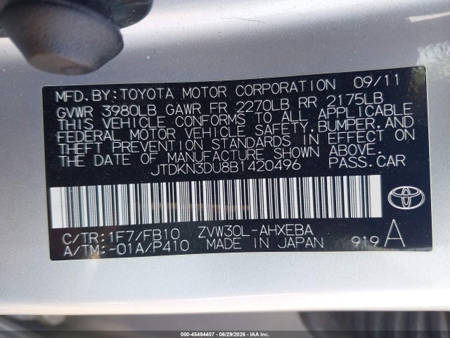 45494407 :رقم المزاد ، JTDKN3DU8B1420496 vin ، 2011 Toyota Prius Two مزاد بيع