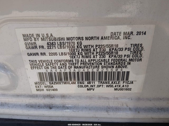 4A4AP3AU4EE025604 Mitsubishi Outlander Sport Es