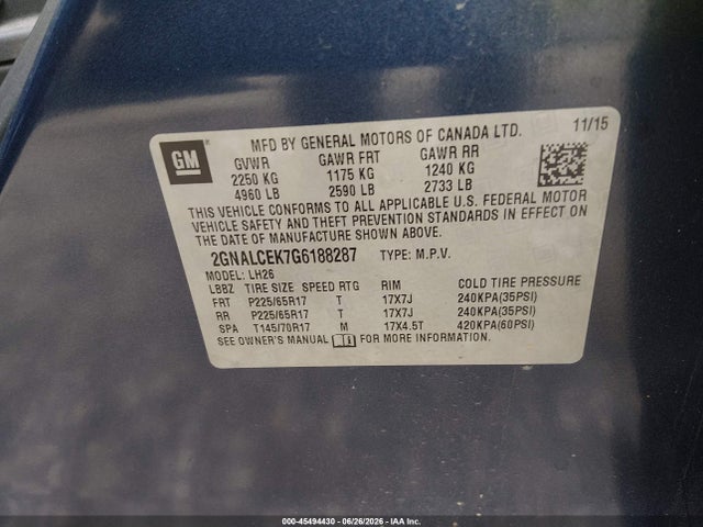 Продаж на аукціоні авто 2016 Chevrolet Equinox Lt, vin: 2GNALCEK7G6188287, номер лоту: 45494430