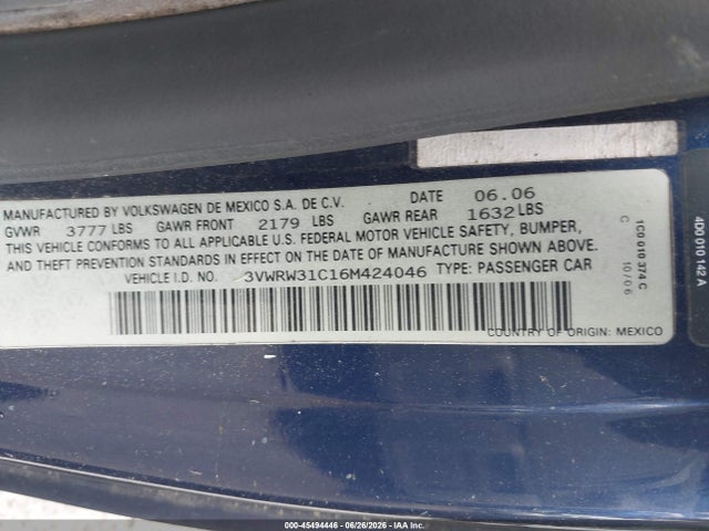 Продаж на аукціоні авто 2006 Volkswagen New Beetle 2.5, vin: 3VWRW31C16M424046, номер лоту: 45494446