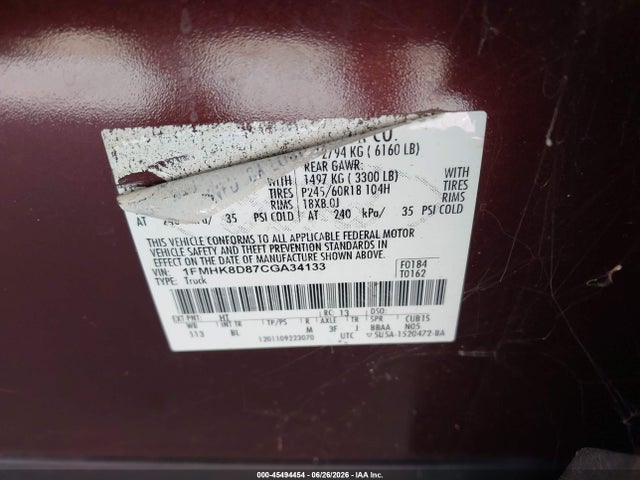 45494454 :رقم المزاد ، 1FMHK8D87CGA34133 vin ، 2012 Ford Explorer Xlt مزاد بيع