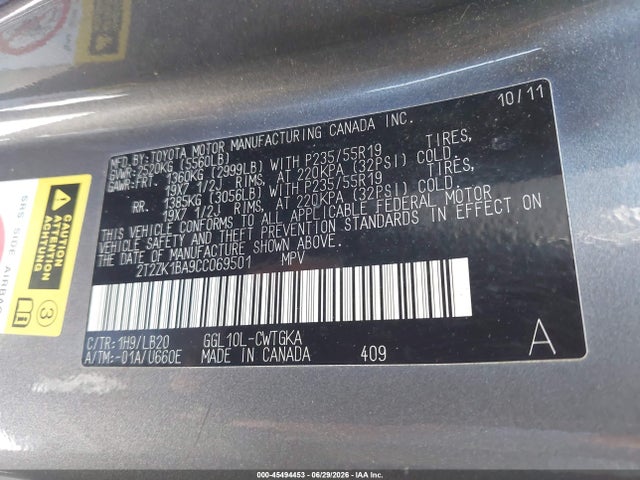 Aukcja sprzedaży 2012 Lexus Rx 350, vin: 2T2ZK1BA9CC069501, numer aukcji: 45494453
