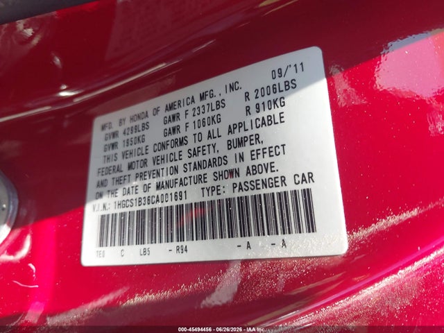 2012 Honda Accord 2.4 Lx-s მანქანა იყიდება აუქციონზე, vin: 1HGCS1B36CA001691, აუქციონის ნომერი: 45494456