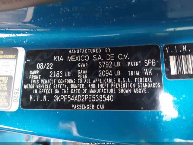 45494474 :رقم المزاد ، 3KPF54AD2PE533540 vin ، 2023 Kia Forte Gt-line مزاد بيع