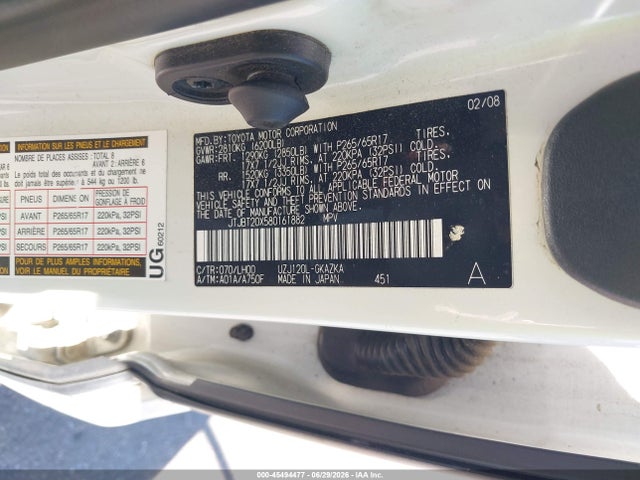 Aukcja sprzedaży 2008 Lexus Gx 470, vin: JTJBT20X580161882, numer aukcji: 45494477