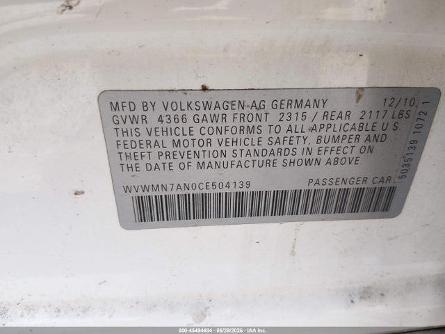 Продажа на аукционе авто 2012 Volkswagen Cc Sport, vin: WVWMN7AN0CE504139, номер лота: 45494484