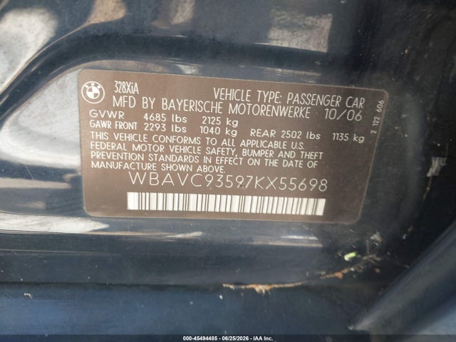 Aukcja sprzedaży 2007 Bmw 328xi, vin: WBAVC93597KX55698, numer aukcji: 45494485
