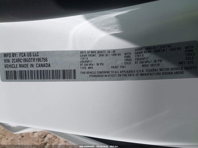 45494488 :رقم المزاد ، 2C4RC1BG0TR196756 vin ، 2026 Chrysler Pacifica Select مزاد بيع