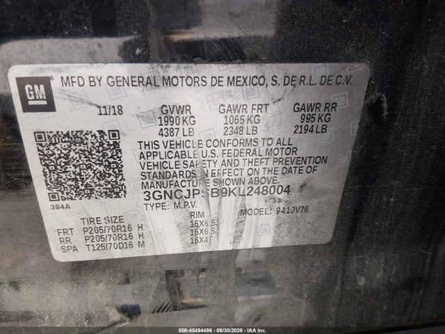 45494496 :رقم المزاد ، 3GNCJPSB9KL248004 vin ، 2019 Chevrolet Trax Lt مزاد بيع