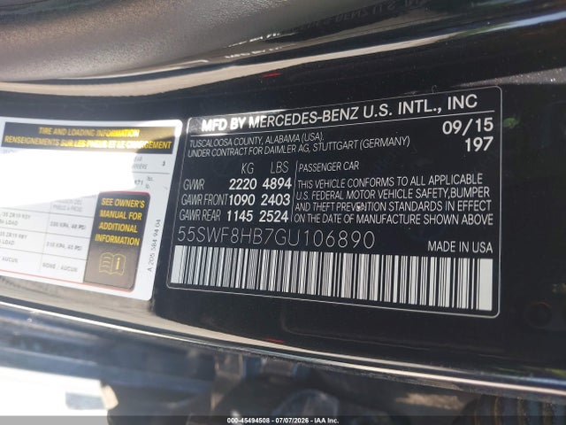 45494508 :رقم المزاد ، 55SWF8HB7GU106890 vin ، 2016 Mercedes-benz Amg C 63 S مزاد بيع