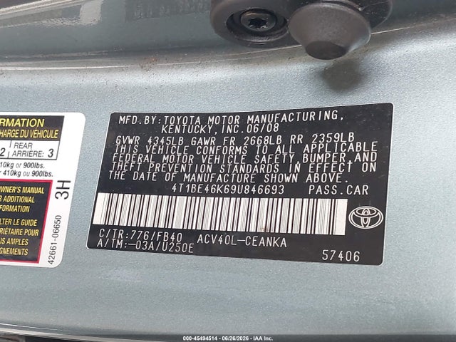 Продажа на аукционе авто 2009 Toyota Camry Le, vin: 4T1BE46K69U846693, номер лота: 45494514
