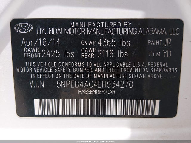 2014 Hyundai Sonata Gls მანქანა იყიდება აუქციონზე, vin: 5NPEB4AC4EH934270, აუქციონის ნომერი: 45494528