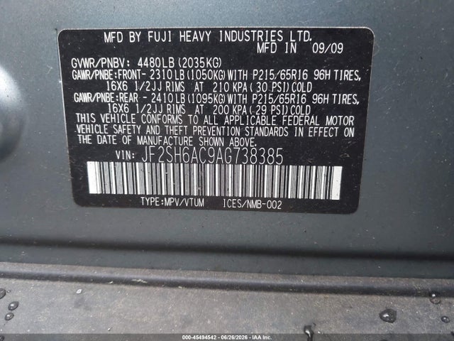 45494542 :رقم المزاد ، JF2SH6AC9AG738385 vin ، 2010 Subaru Forester 2.5x مزاد بيع