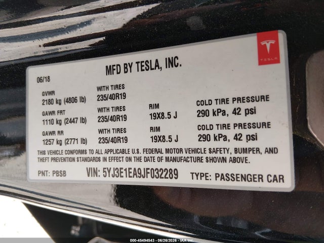Aukcja sprzedaży 2018 Tesla Model 3 Long Range/mid Range, vin: 5YJ3E1EA9JF032289, numer aukcji: 45494543